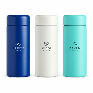 Três garrafas térmicas 200ml com marcas fictícias de demonstração.