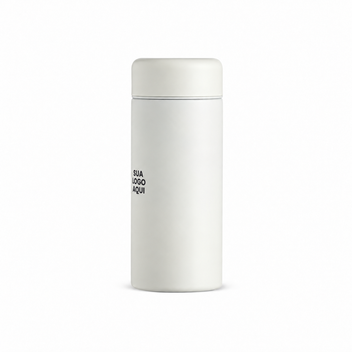 Garrafa térmica 200ml branca com aplicação ilustrativa lateral.