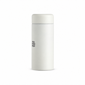 Garrafa térmica 200ml branca com aplicação ilustrativa lateral.