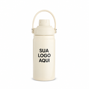 Garrafa térmica 400ml creme com aplicação ilustrativa SUA LOGO AQUI frontal.