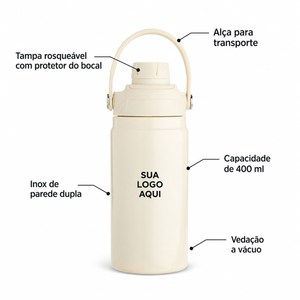 Garrafa térmica 400ml em inox de parede dupla com vedação a vácuo, alça e tampa com protetor do bocal.