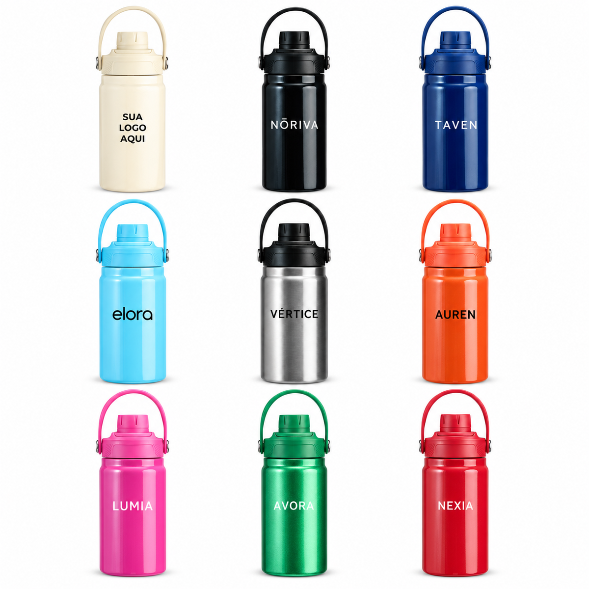 Garrafa térmica 400ml nas nove cores disponíveis, com aplicações ilustrativas.