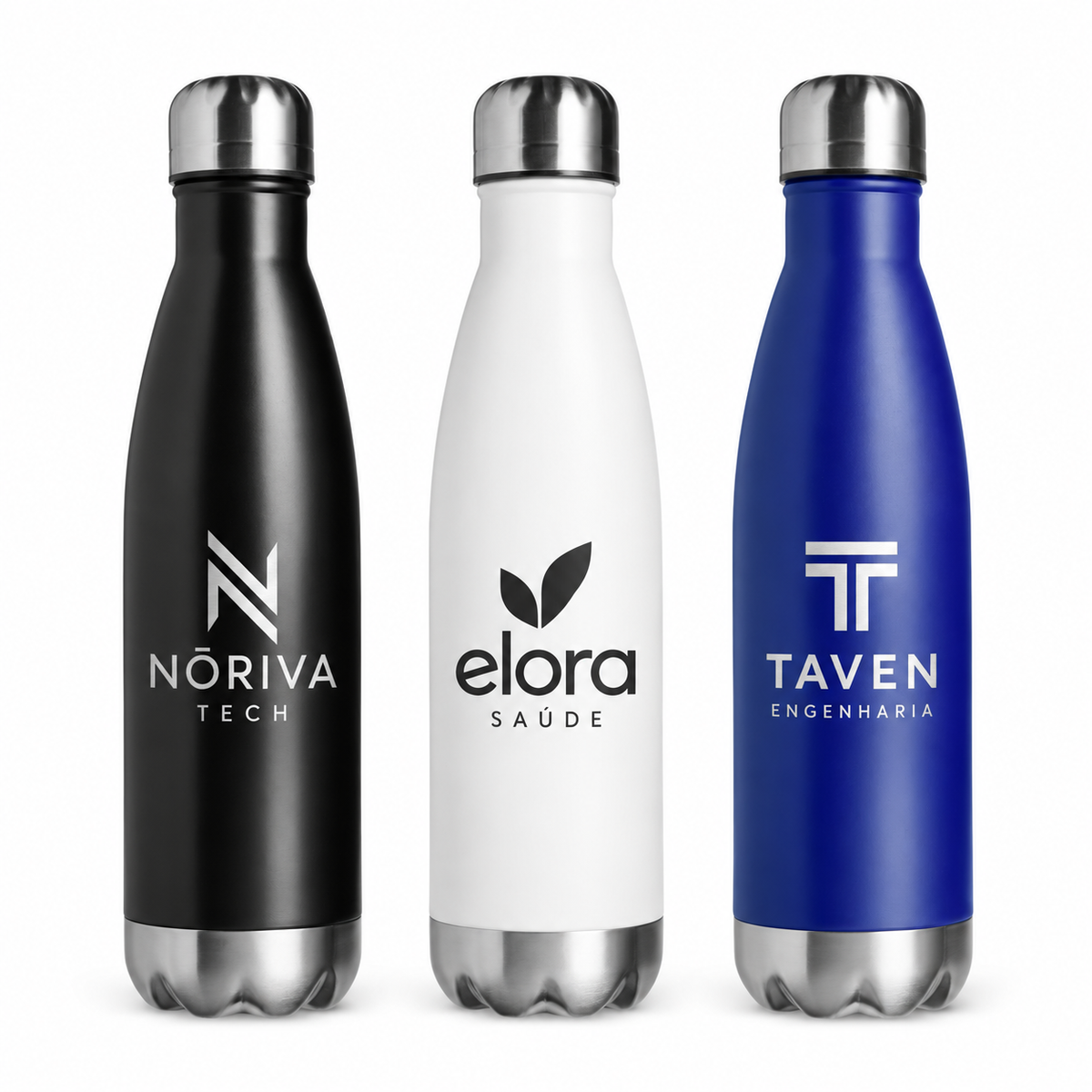 Três garrafas térmicas de 500 ml com exemplos ilustrativos de gravação a laser