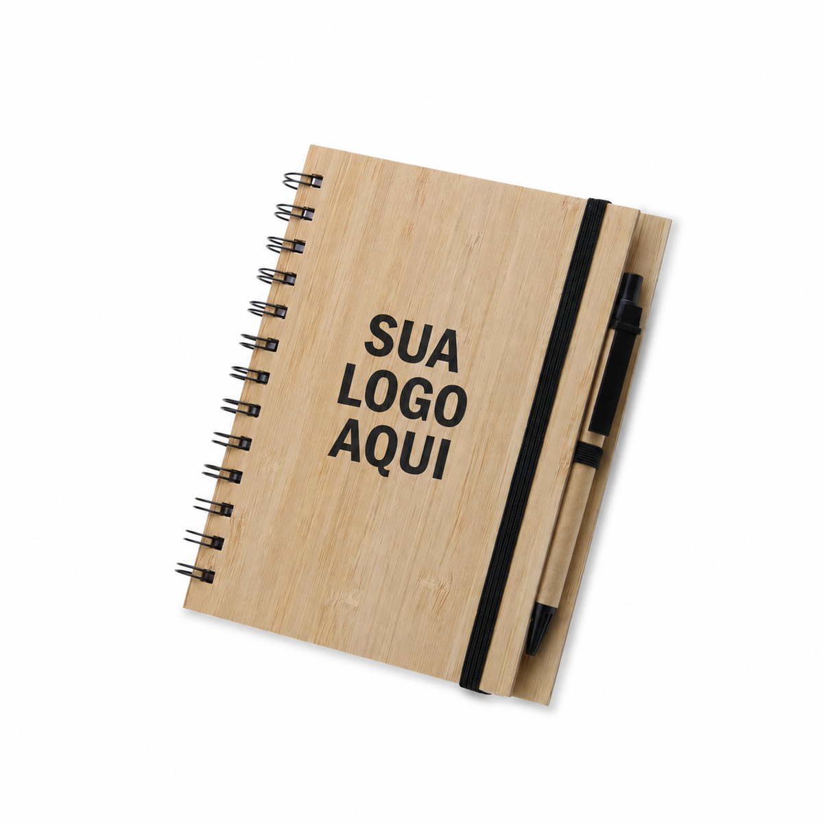 Bloco de anotações em bambu com caneta e aplicação ilustrativa Sua Logo Aqui
