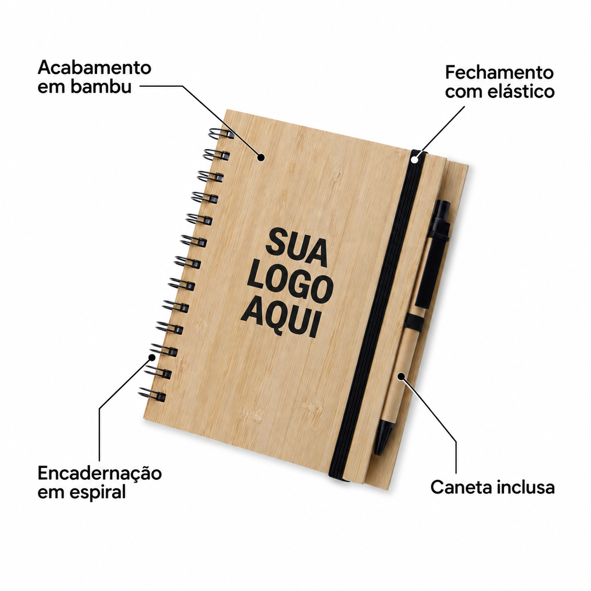 Detalhes do bloco com acabamento em bambu, espiral, fechamento com elástico e caneta inclusa