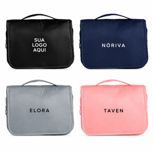 Nécessaire Sarja Travel Personalizada — SKU 18508 — opções de cores com aplicações ilustrativas
