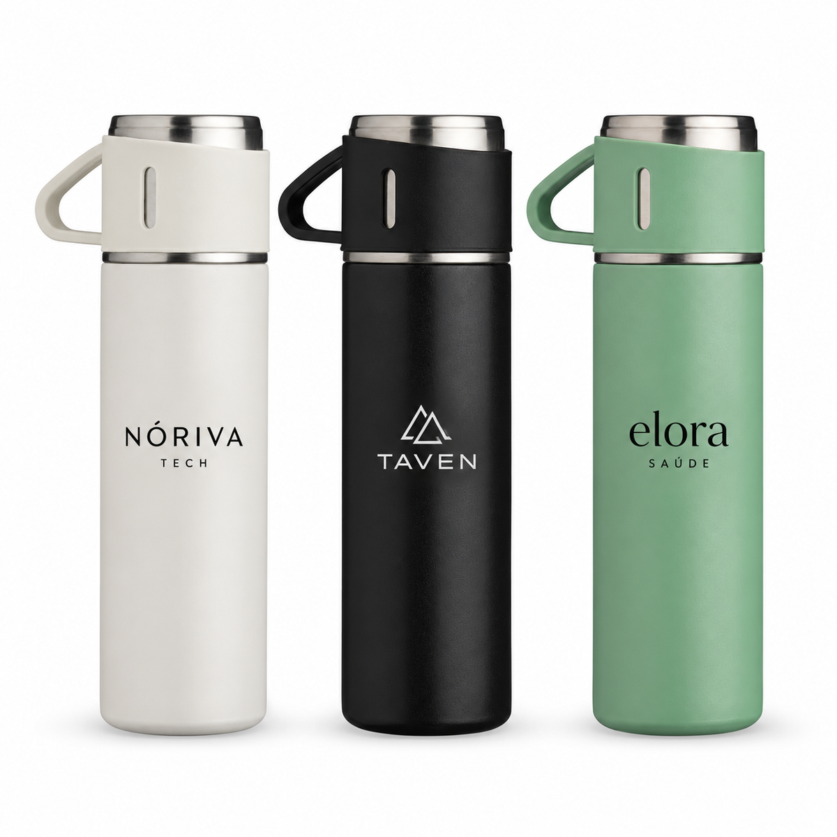 Garrafa Térmica Inox 450ml SKU 18639 — Exemplos ilustrativos de personalização com marcas fictícias