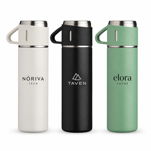 Garrafa Térmica Inox 450ml SKU 18639 — Exemplos ilustrativos de personalização com marcas fictícias