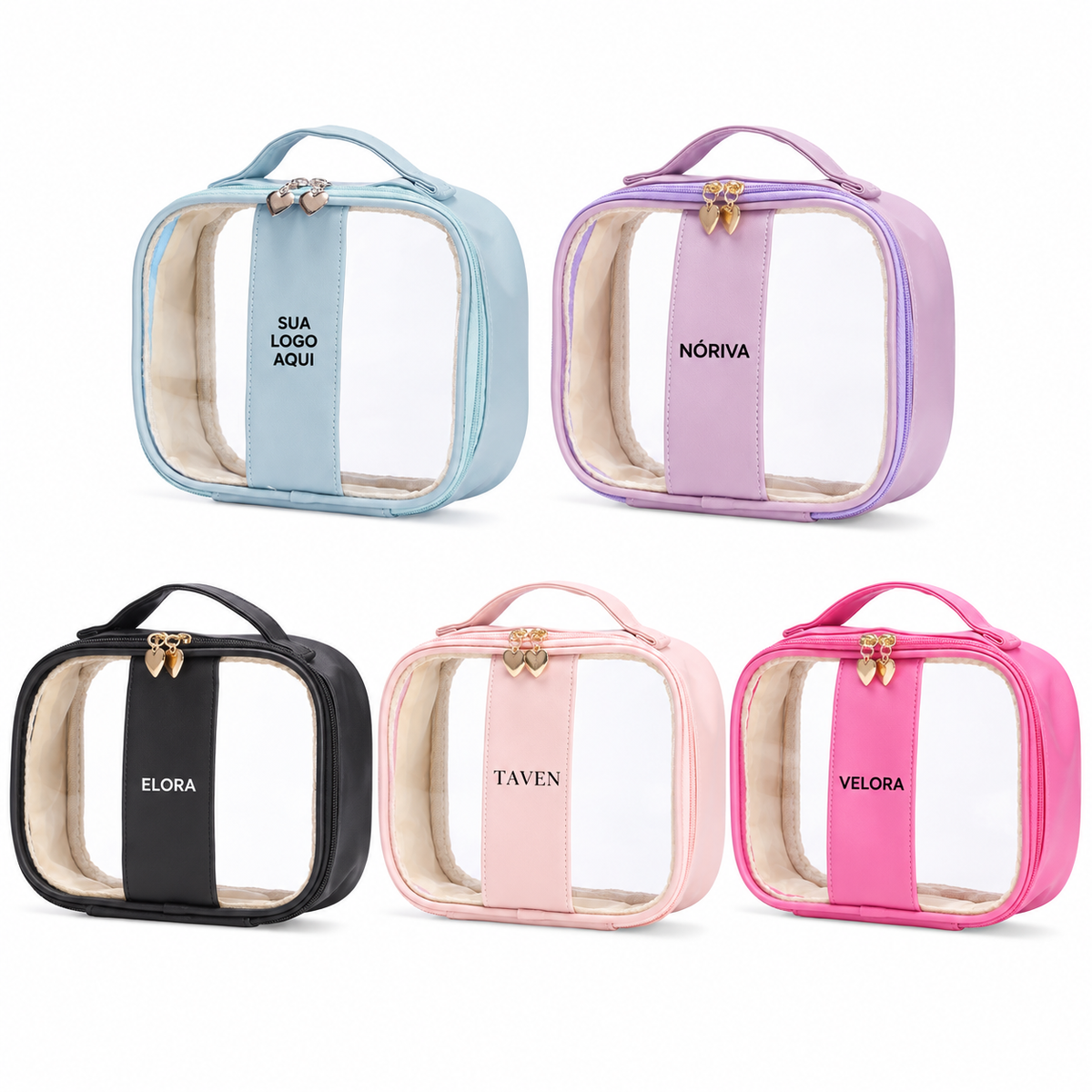 Nécessaire PVC Impermeável Personalizada — SKU 18647M — opções de cores com aplicações ilustrativas