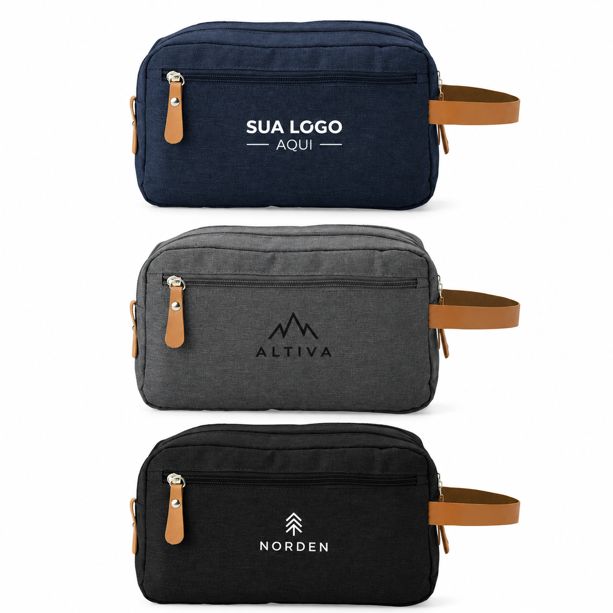 Nécessaire de Poliéster Personalizada — SKU 18753 — opções de cores com aplicações ilustrativas