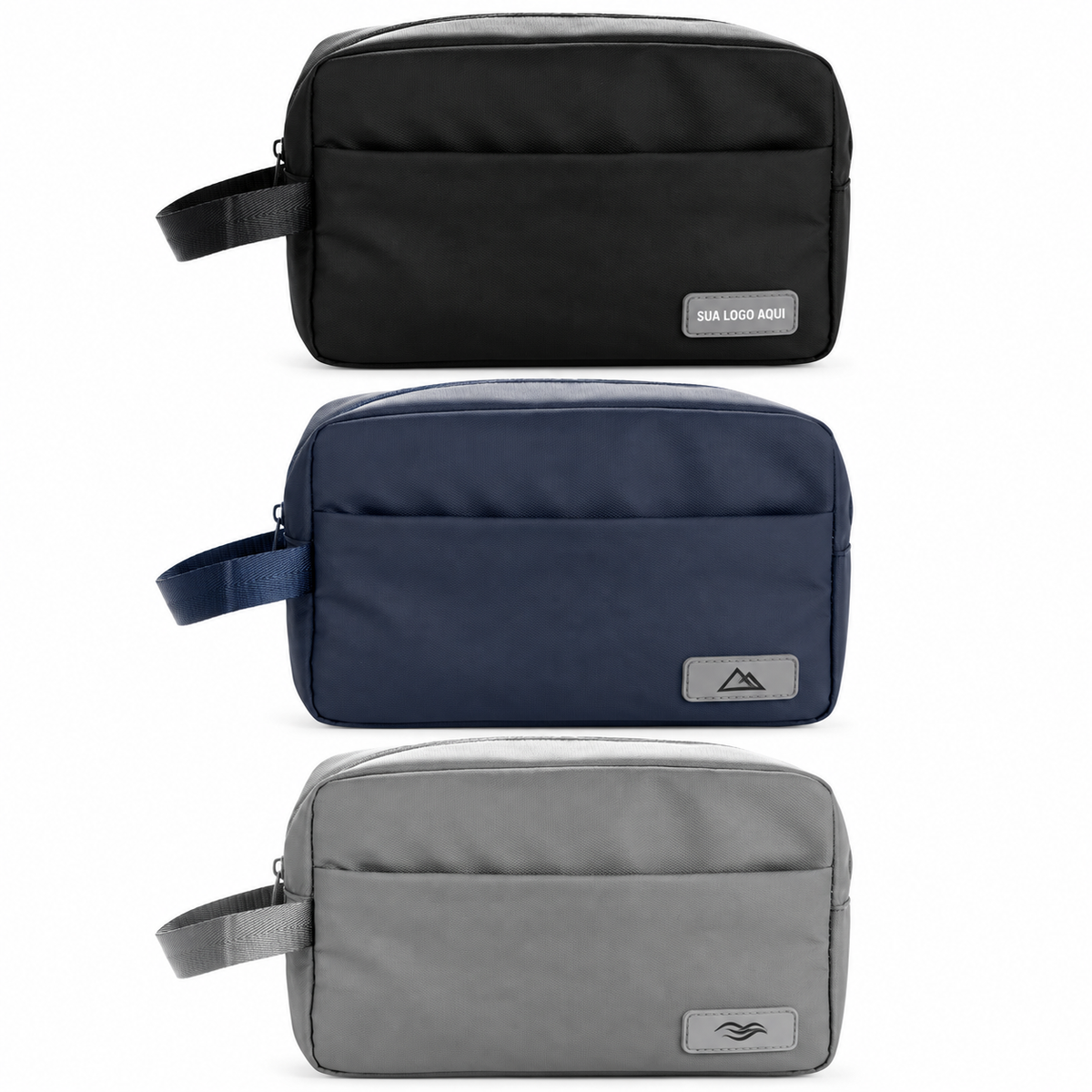 Nécessaire PU com Alça Lateral Personalizada — SKU 19203 — opções de cores com aplicações ilustrativas