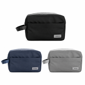Nécessaire PU com Alça Lateral Personalizada — SKU 19203 — exemplos ilustrativos de personalização