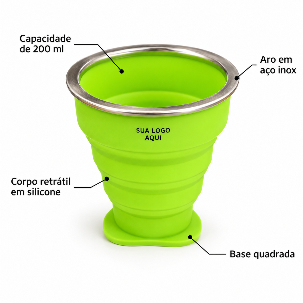 Detalhes do copo retrátil de silicone 200 ml com aro em aço inox e base quadrada