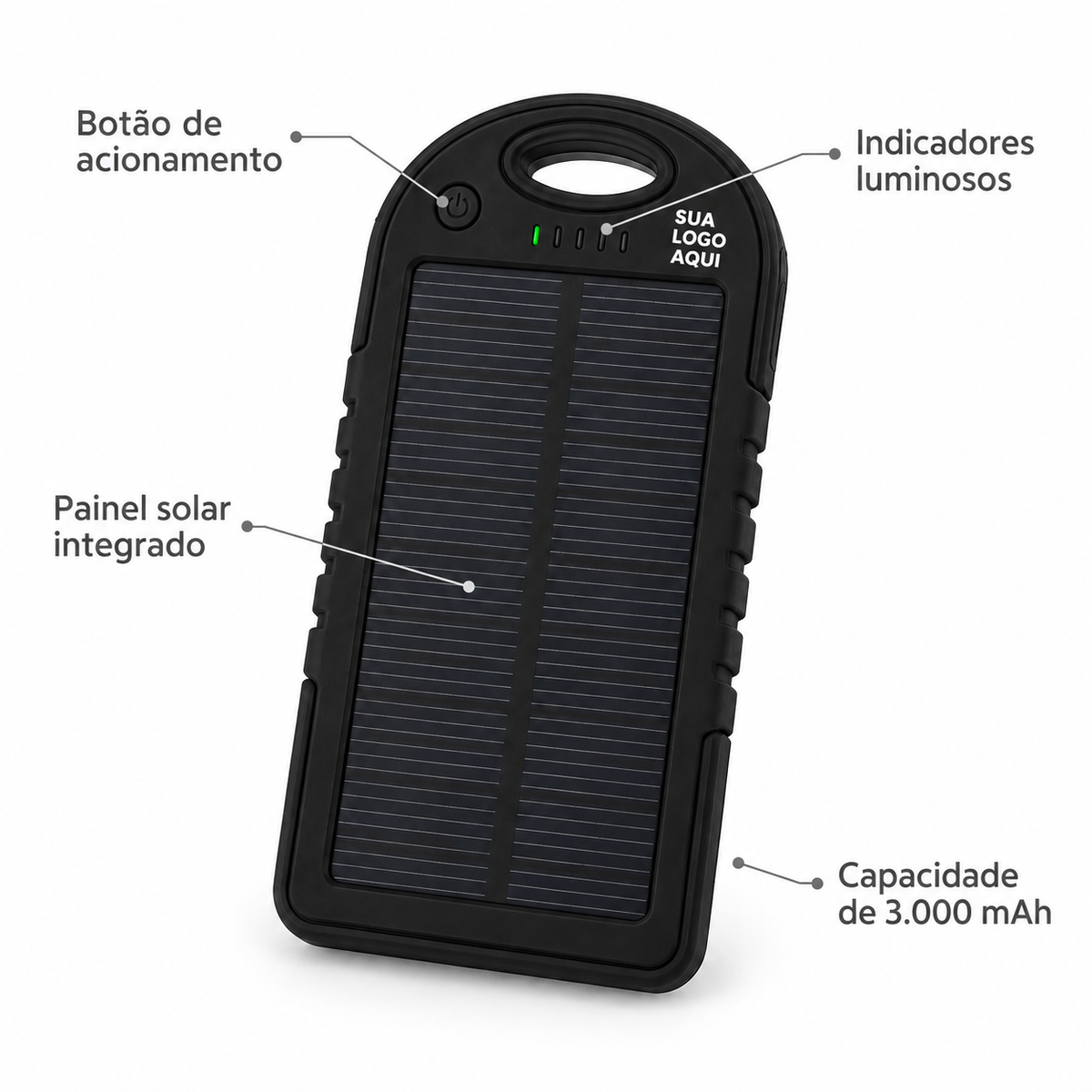 Detalhes do power bank solar 3.000mAh: botão, indicadores luminosos e painel solar
