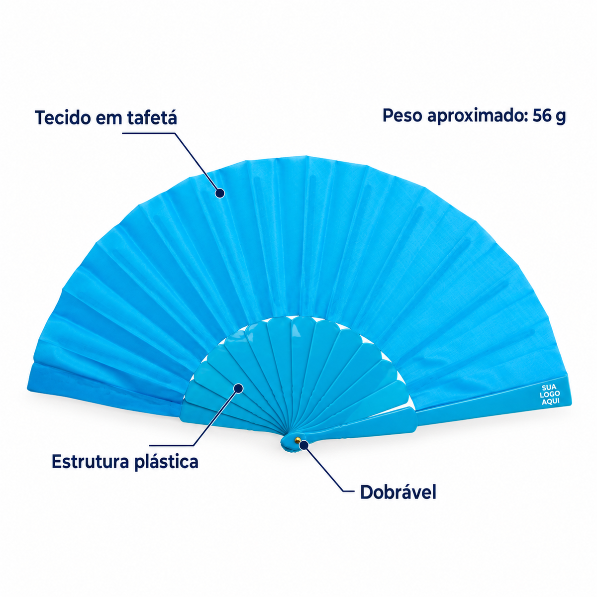 Leque azul com destaque para tecido em tafetá, estrutura plástica, formato dobrável e peso aproximado de 56 g.