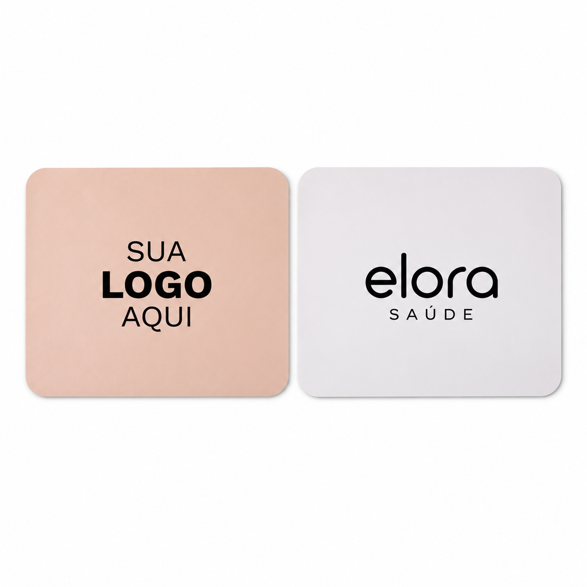 Mousepads rosa e branco com exemplos ilustrativos de personalização.