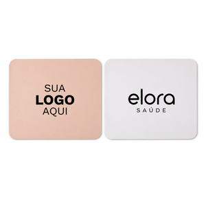 Mousepads rosa e branco com exemplos ilustrativos de personalização.