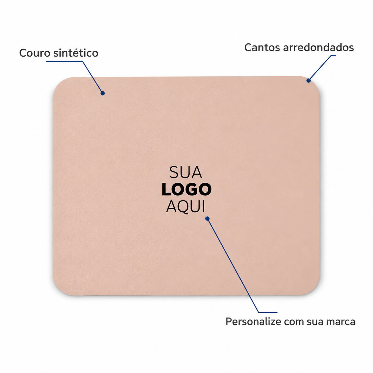 Mousepad rosa com destaques para couro sintético, cantos arredondados e personalização.