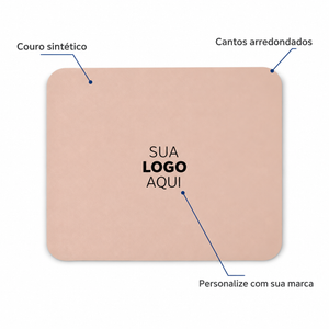 Mousepad rosa com destaques para couro sintético, cantos arredondados e personalização.