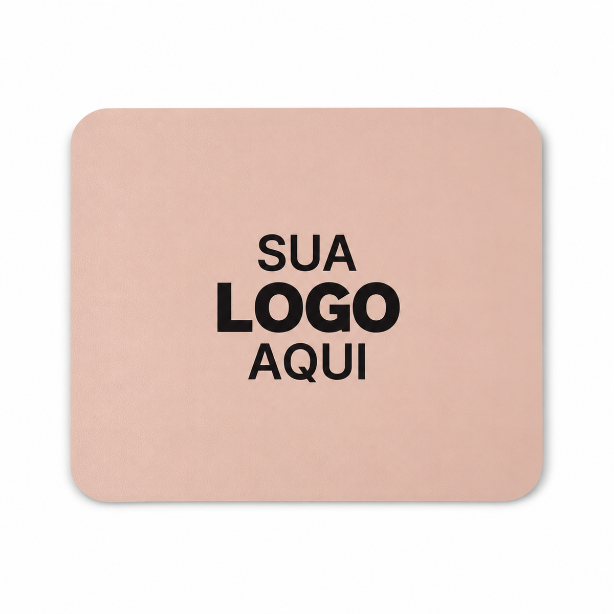 Mousepad de couro sintético rosa com aplicação ilustrativa Sua logo aqui em preto.