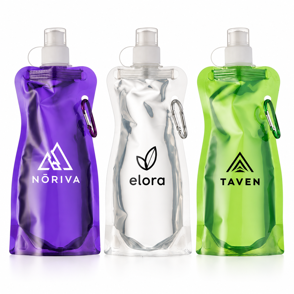 Squeezes dobráveis roxo, transparente e verde com marcas fictícias de demonstração.