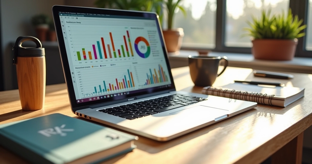 Mesa de trabalho com gráficos de análise financeira, planilhas e brindes corporativos personalizados ao lado do notebook