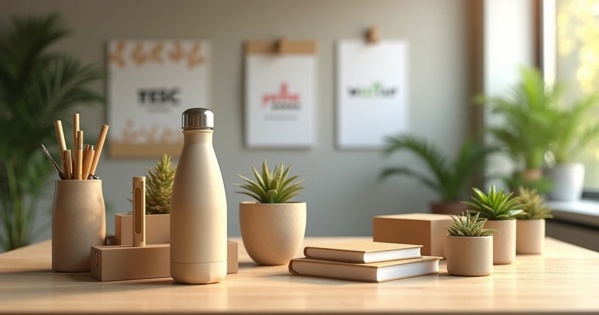 Brindes ecológicos personalizados sobre mesa de madeira clara com plantas e logo corporativo