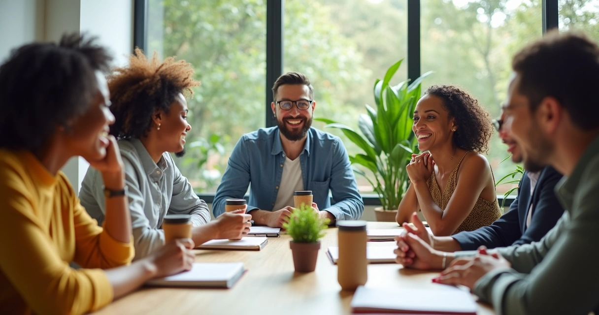 Equipe diversa reunida em torno de mesa celebrando conquistas com brindes sustentáveis em ambiente moderno