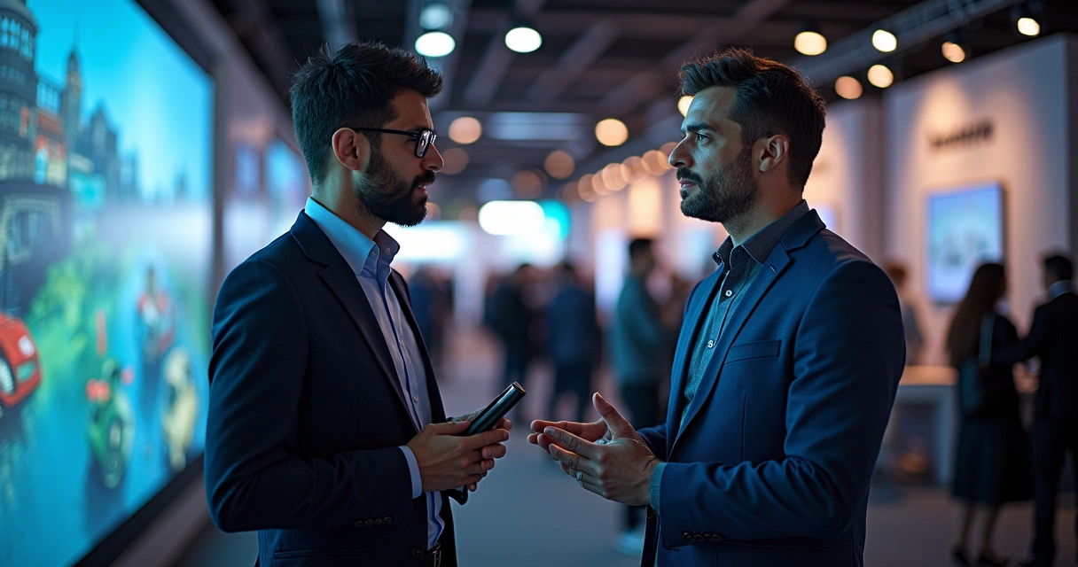 Expositores interagindo em estande de feira comercial com produtos e clientes ao redor