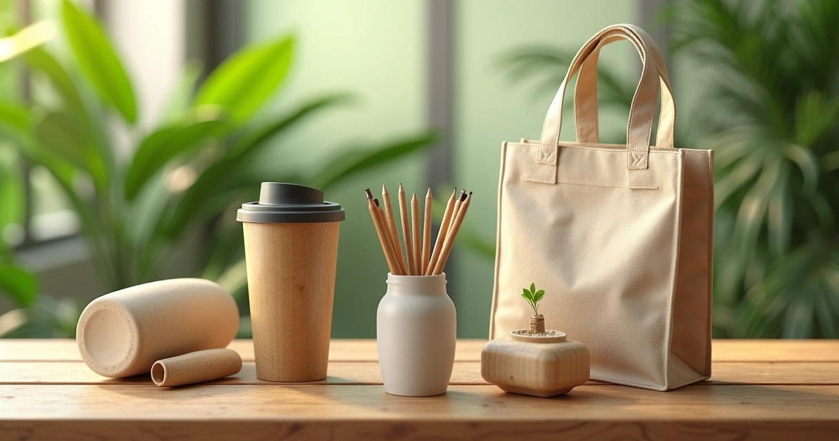 Mesa de madeira ecológica com brindes sustentáveis personalizados, copos, canetas e sacolas reutilizáveis