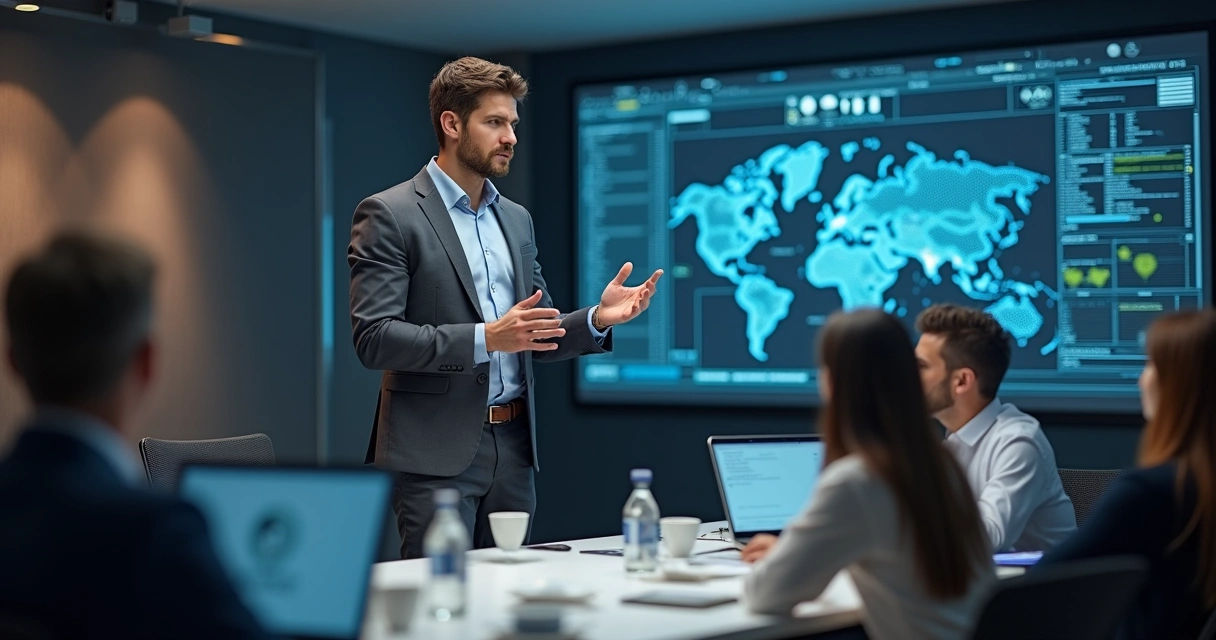 Profissional apresentando em reunião estratégias para fidelização de clientes com gráficos e dados em tela digital