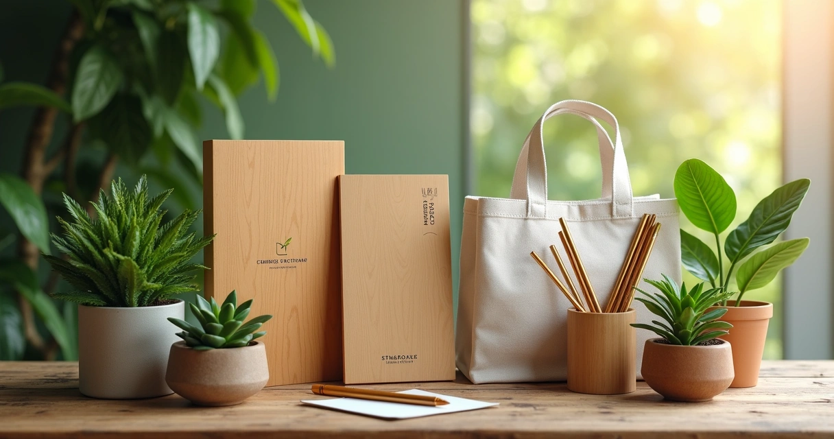 Brindes corporativos personalizados ecológicos em mesa de madeira com folhagens ao redor