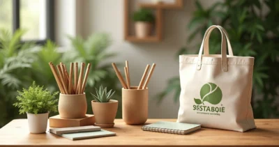 Brindes sustentáveis variados sobre mesa de madeira com plantas ao redor