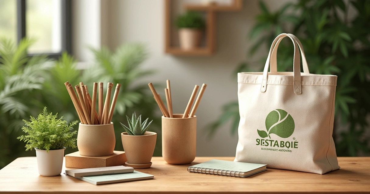 Brindes sustentáveis variados sobre mesa de madeira com plantas ao redor