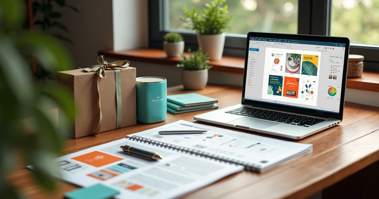 Mesa de trabalho com amostras de brindes personalizados, laptop aberto exibindo software de design, anotações e esboços ao redor
