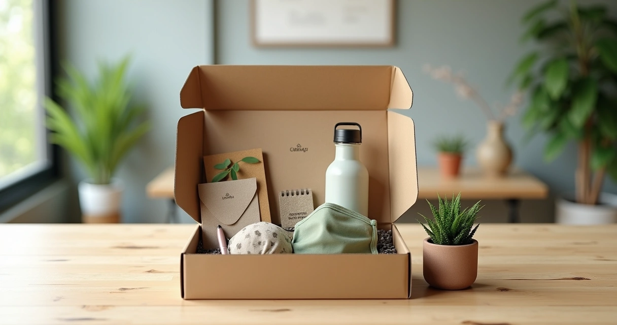 Kit personalizado de boas-vindas com brindes ecológicos organizados em caixa aberta sobre mesa de madeira clara